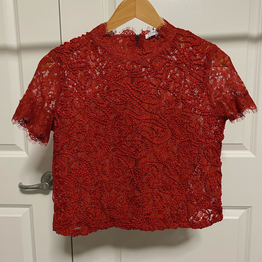 Zara Red Floral Lace Top With Piping Details on the Front
